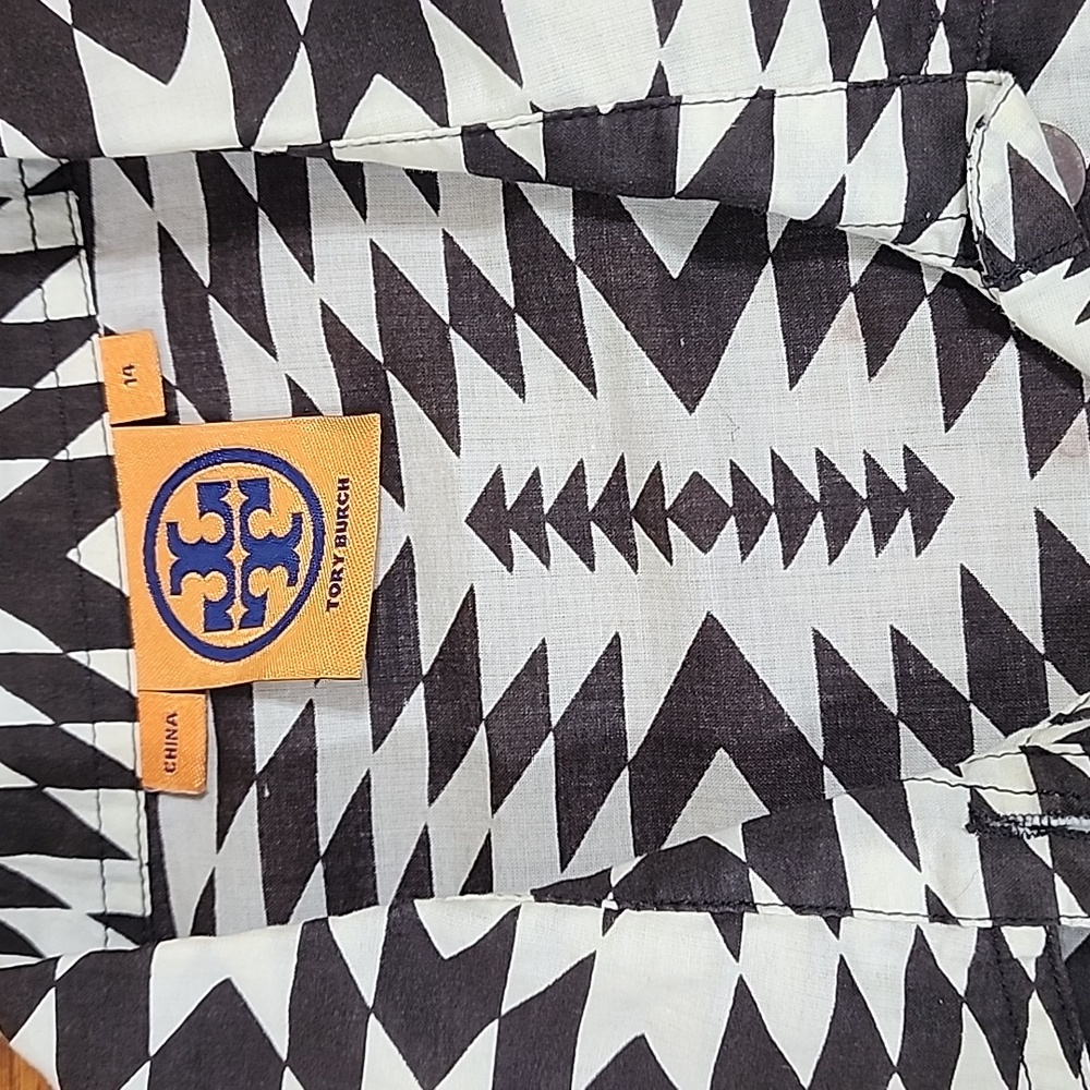 Tory Burch Cotton Button Southwestern Aztec Geometric Patterned Blouse Size 14 - Picture 2 of 10